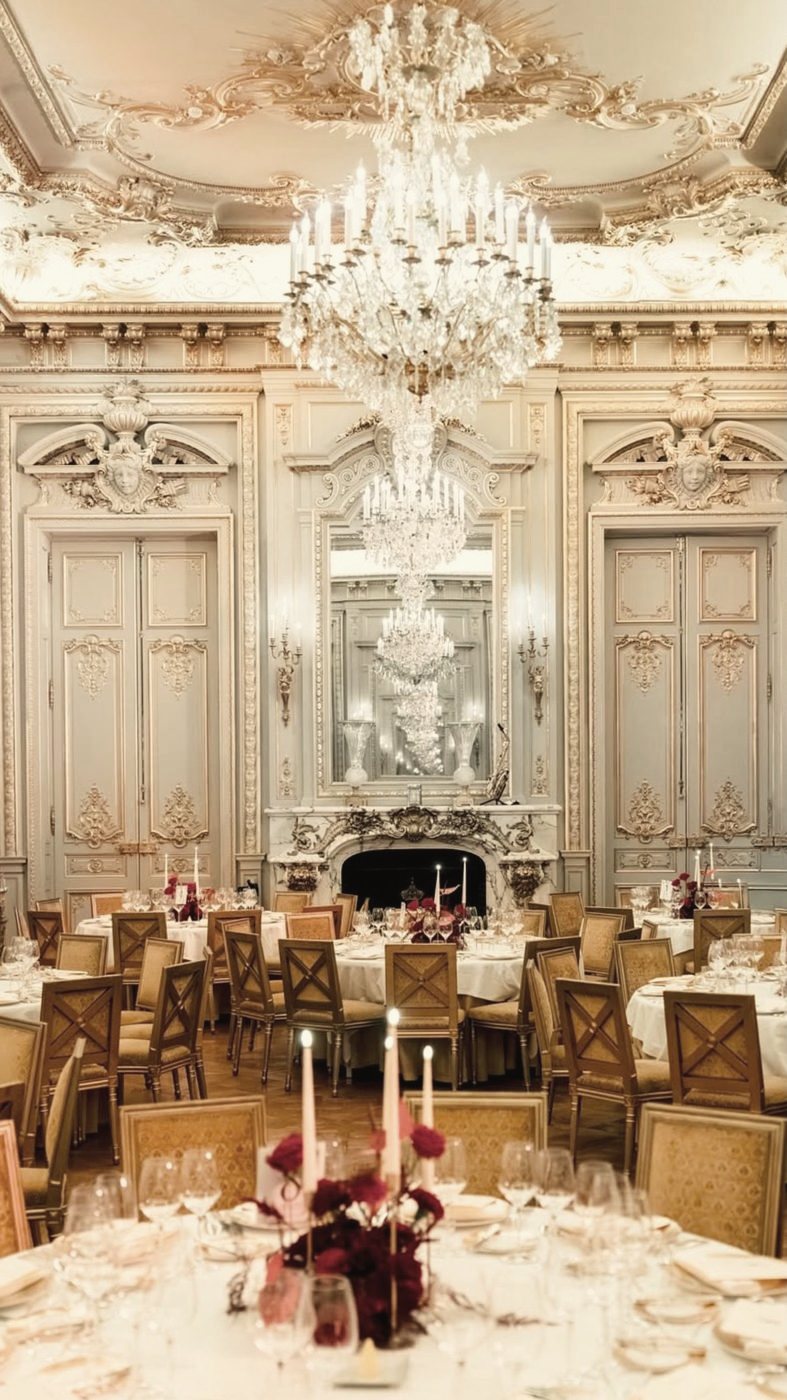 Dîner de mariage dans un salon à moulures dorées